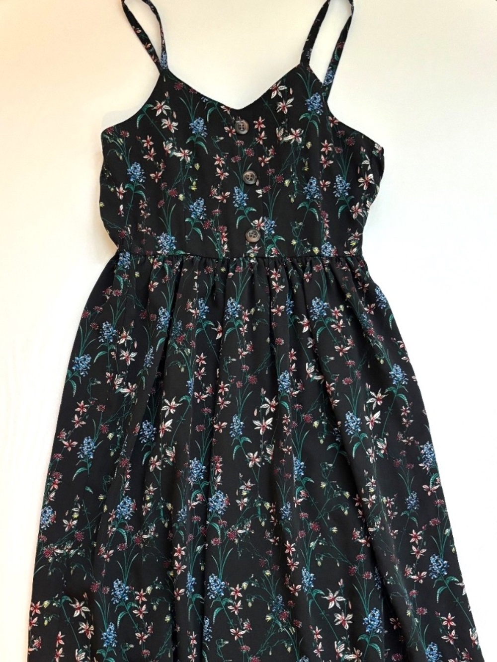 Black Floral Button Front Midi Dress Spaghetti Straps Size S Airly Mono